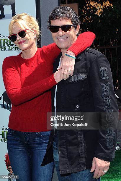 Actress Melanie Griffith and husband actor Antonio Banderas arrives at the Los Angeles Premiere "Shrek Forever After" at Gibson Amphitheatre on May...