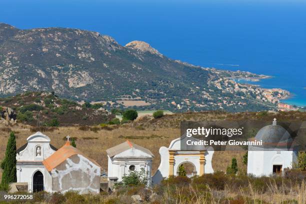 graves with sea view, near calvi, balagne, haute-corse, corsica, france - balagne stock pictures, royalty-free photos & images