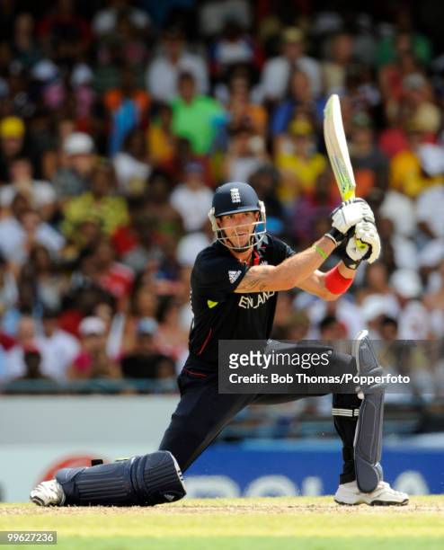 Kevin Pietersen of England drives strongly during the final of the ICC World Twenty20 between Australia and England at the Kensington Oval on May 16,...