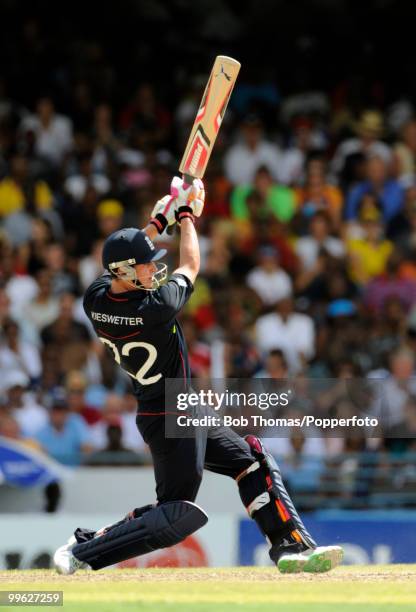 Craig Kieswetter of England goes on the attack during the final of the ICC World Twenty20 between Australia and England at the Kensington Oval on May...