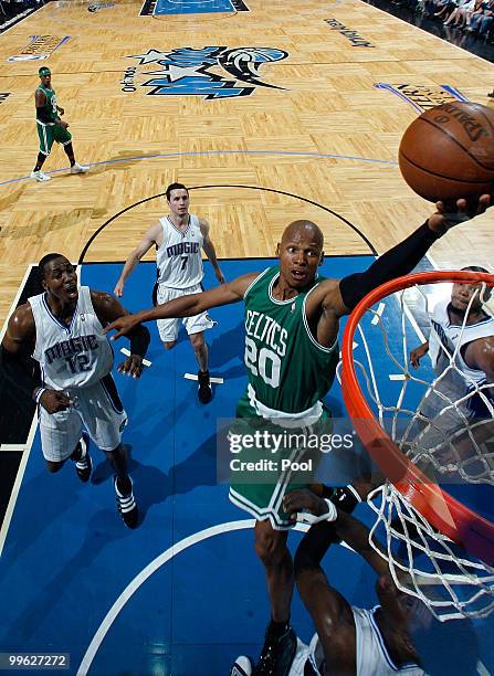 Ray Allen of the Boston Celtics drives for a shot attempt against the Orlando Magic in Game One of the Eastern Conference Finals during the 2010 NBA...