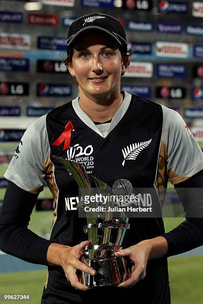 Nicola Browne of New Zealand with the player of the tournament trophy after the ICC Womens World Twenty20 Final between Australia and New Zealand...
