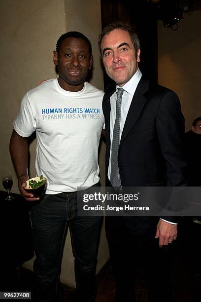 Actors David Harewood and James Nesbitt attend the afterparty for The Laws of War presented by Human Rights Watch at the Royal Court Theatre on May...