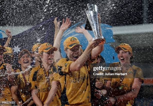 Alex Blackwell, the captain of Australia, is showered with champagne after her teams victory in the ICC Womens World Twenty20 Final between Australia...
