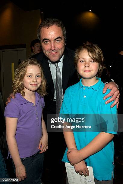 Actors Sophie Bennett James Nesbitt and Finn Bennett attend the afterparty for The Laws of War presented by Human Rights Watch at the Royal Court...