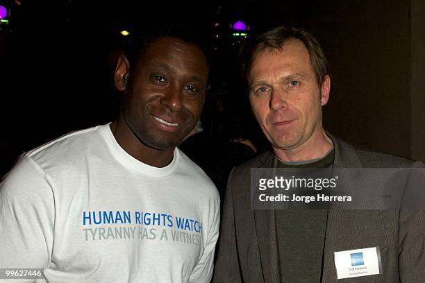 Actor David Harewood and Human Rightts Watch london Director Tom Porteus attend the afterparty for The Laws of War presented by Human Rights Watch at...