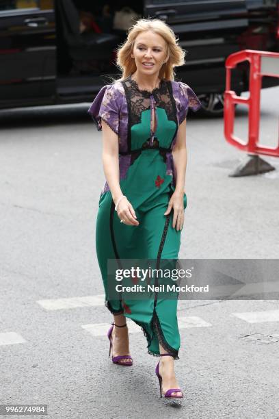 Kylie Minogue seen at the Magic Radio Studios on July 11, 2018 in London, England.