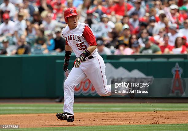 Hideki Matsui of the Los Angeles Angels of Anaheim runs to second base in the second inning against the Oakland Athletics at Angel Stadium on May 16,...