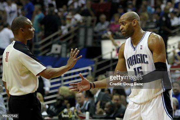 Vince Carter of the Orlando Magic pleads his case to referee Michael Smith against the Boston Celtics in Game One of the Eastern Conference Finals...