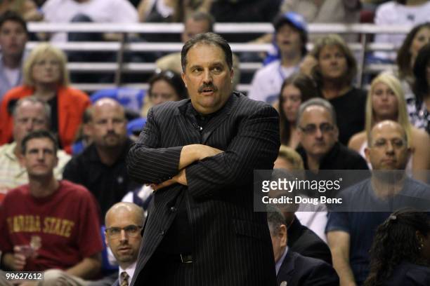 Head coach Stan Van Gundy of the Orlando Magic looks on against the Boston Celtics in Game One of the Eastern Conference Finals during the 2010 NBA...