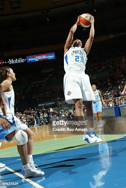 Cappie Pondexter of the New York Liberty grabs a rebound against the Chicago Sky during the game on May 16, 2010 at Madison Square Garden in New York...