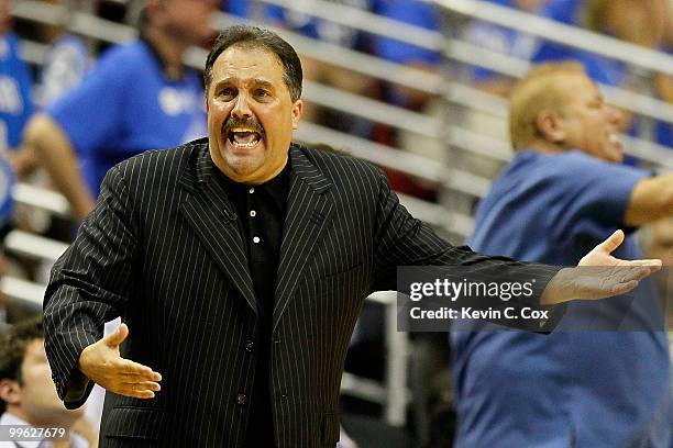 Head coach Stan Van Gundy of the Orlando Magic reacts as he coaches against the Boston Celtics in Game One of the Eastern Conference Finals during...