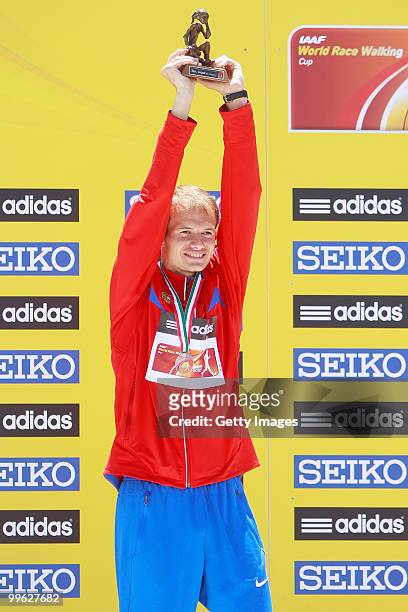 Russian Andrey Krivov celebrates placing third in the men's 20 Km walking race competition at the IAAF World Race Walking Cup Chihuahua 2010 at...