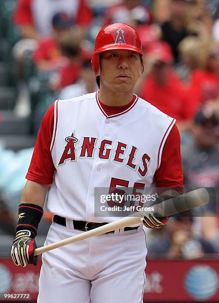 Hideki Matsui of the Los Angeles Angels of Anaheim prepares to bat in the fifth inning against the Oakland Athletics at Angel Stadium on May 16, 2010...