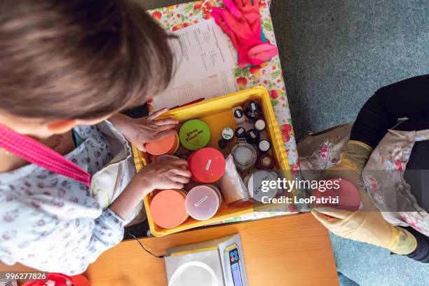 handmade soap making workshop in a studio - leopatrizi stock pictures, royalty-free photos & images