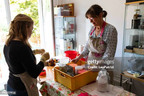 handmade soap making workshop in a studio - leopatrizi stock pictures, royalty-free photos & images