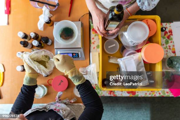 handmade soap making workshop in a studio - leopatrizi stock pictures, royalty-free photos & images