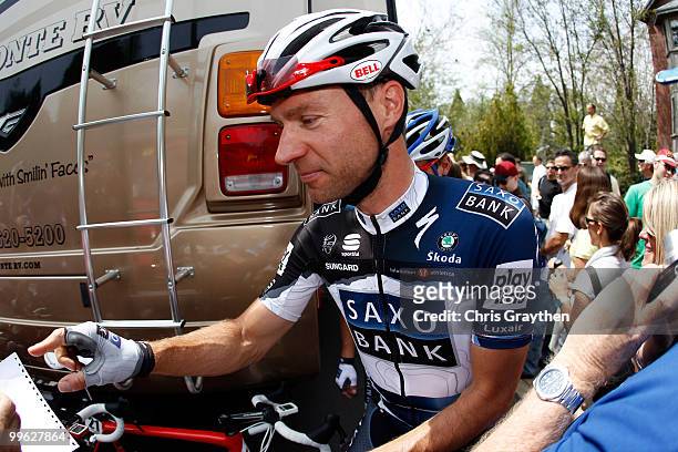 Jens Voigt of Germany rider for team Saxo Bank signs an autograph before the start of stage one of the Tour of California on May 16, 2010 in Nevada...