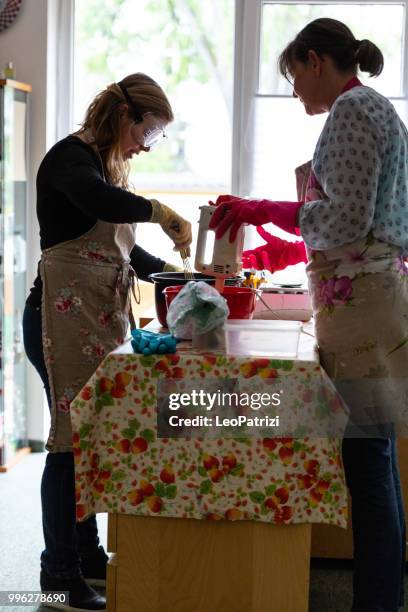 handmade soap making workshop in a studio - leopatrizi stock pictures, royalty-free photos & images