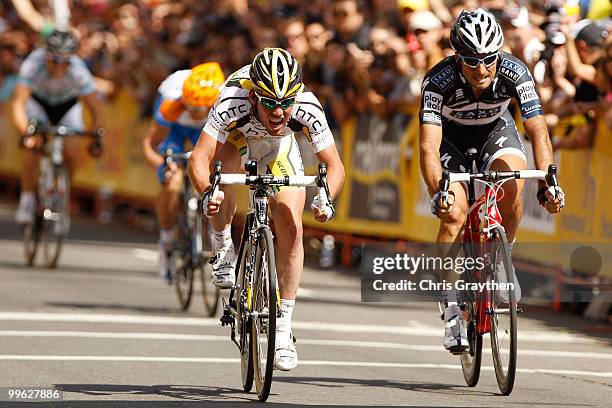 Mark Cavendish of Great Britian races to the finish line in front of Juan Jose Haedo of Argentina of Team Saxo Bank during the Tour of California on...