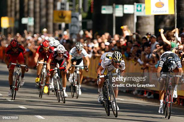 Mark Cavendish of Great Britian races to the finish line in front of Juan Jose Haedo of Argentina of Team Saxo Bank during the Tour of California on...