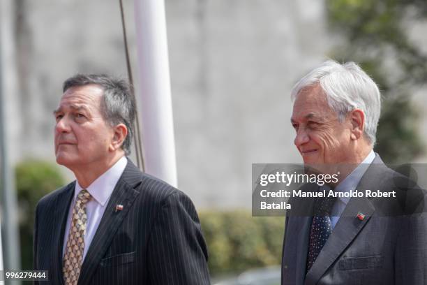 President of Chile Sebastian Pinera and Roberto Ampuero Chilean chancellor look on during a welcoming ceremony as part of an Official Visit to Costa...