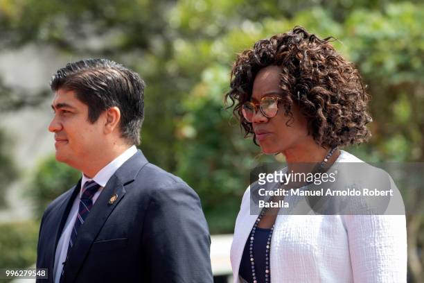 President of Costa Rica Carlos Alvarado and Vice President of Costa Rica Epsy Campbell look on during a welcoming ceremony as part of an Official...