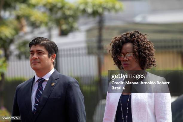 President of Costa Rica Carlos Alvarado and Vice President of Costa Rica Epsy Campbell look on during a welcoming ceremony as part of an Official...