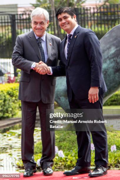 President of Costa Rica Carlos Alvarado greets President of Chile Sebastian Pinera during a welcoming ceremony as part of an Official Visit to Costa...