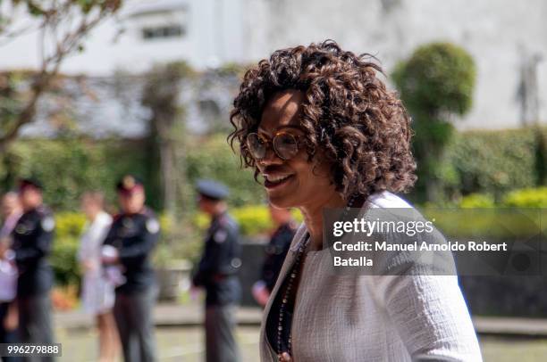 Vice President of Costa Rica Epsy Campbell gestures on during a welcoming ceremony as part of an Official Visit to Costa Rica at the Presidential...