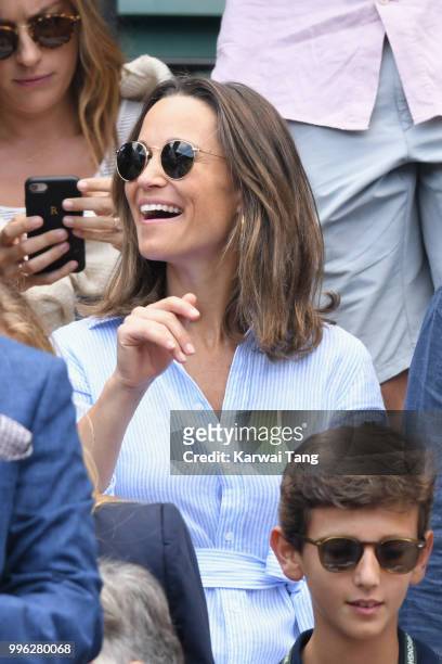 Pippa Middleton attends day nine of the Wimbledon Tennis Championships at the All England Lawn Tennis and Croquet Club on July 11, 2018 in London,...