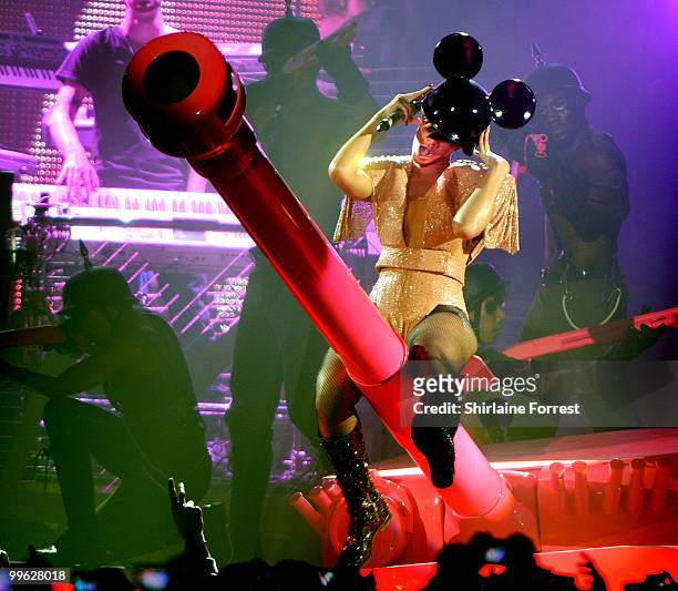Rihanna performs at MEN Arena on May 16, 2010 in Manchester, England.