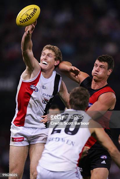 David Hille of the Bombers and Ben McEvoy of the Saints compete for the ball during the round eight AFL match between the St Kilda Saints and the...