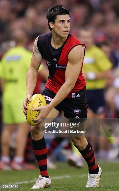 Angus Monfries of the Bombers runs with the ball during the round eight AFL match between the St Kilda Saints and the Essendon Bombers at Etihad...