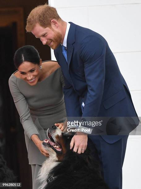 Prince Harry, Duke of Sussex and Meghan, Duchess of Sussex meet President Michael Higgins and his wife Sabina Coyne at Aras an Uachtarain during...
