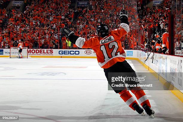 Simon Gagne of the Philadelphia Flyers celebates after scoring a goal in the second period against the Montreal Canadiens in Game 1 of the Eastern...