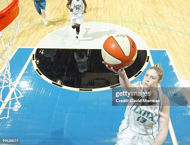Lindsay Whalen of the Minnesota Lynx shoots a layup during the 2010 season home opening game on May 16, 2010 at the Target Center in Minneapolis,...