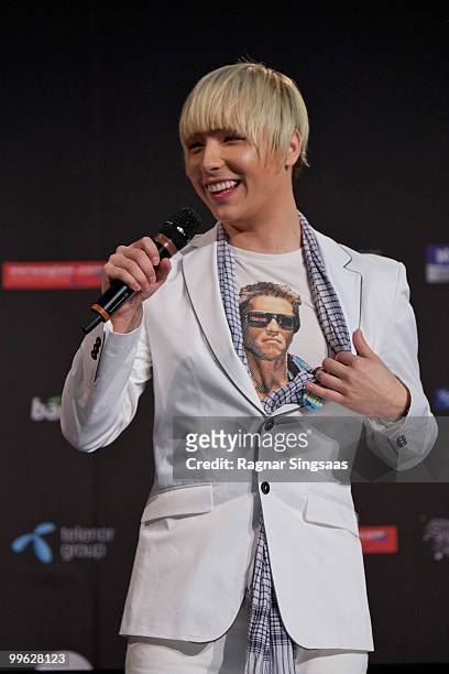 Milan Stankovic of Serbia performs during a press conference after the open rehearsal at the Telenor Arena on May 16, 2010 in Oslo, Norway. 39...