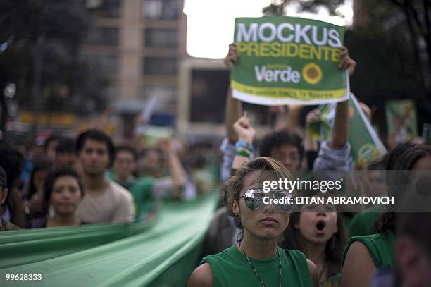 Supporters of Colombian presidential candidate for the Green Party, Antanas Mockus, attend a rally in Bogota on May 16, 2010. Colombia will hold...