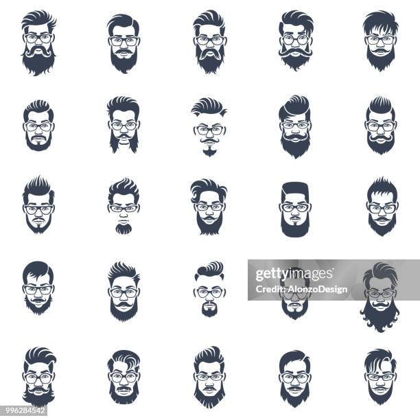 illustrazioni stock, clip art, cartoni animati e icone di tendenza di set di icone acconciatura uomo - beard