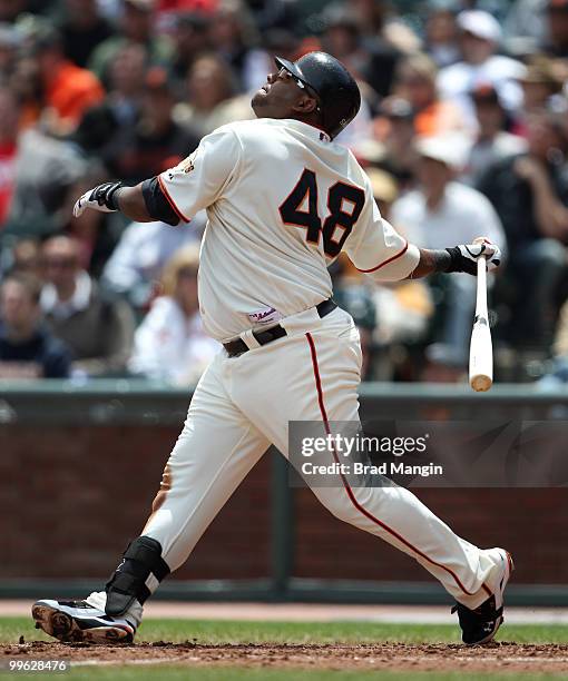 Pablo Sandoval of the San Francisco Giants bats against the Houston Astros during the game at AT&T Park on May 16, 2010 in San Francisco, California.