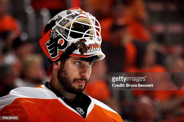 Michael Leighton of the Philadelphia Flyers looks on against the Montreal Canadiens in Game 1 of the Eastern Conference Finals during the 2010 NHL...