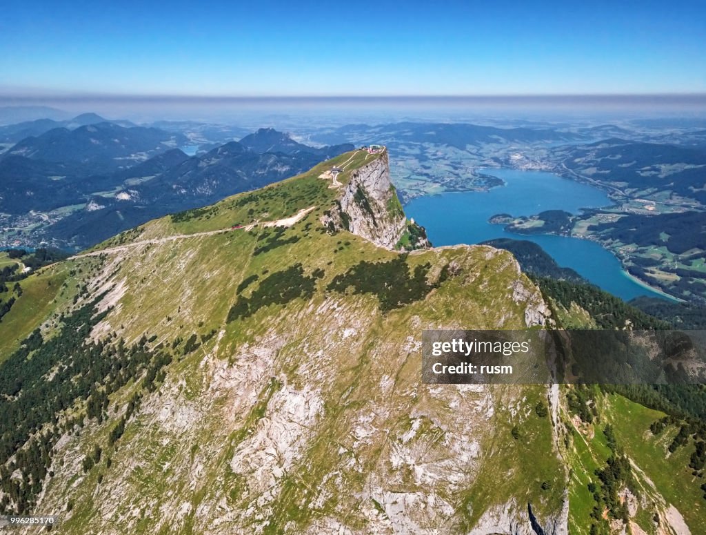 Viewpoint on Schafberg mountain summit in Salzkammergut, Upper Austria