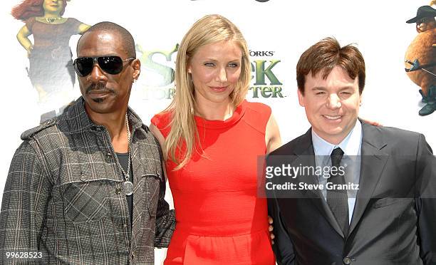Eddie Murphy, Cameron Diaz and Mike Myers attends the "Shrek Forever After" Los Angeles Premiere at Gibson Amphitheatre on May 16, 2010 in Universal...