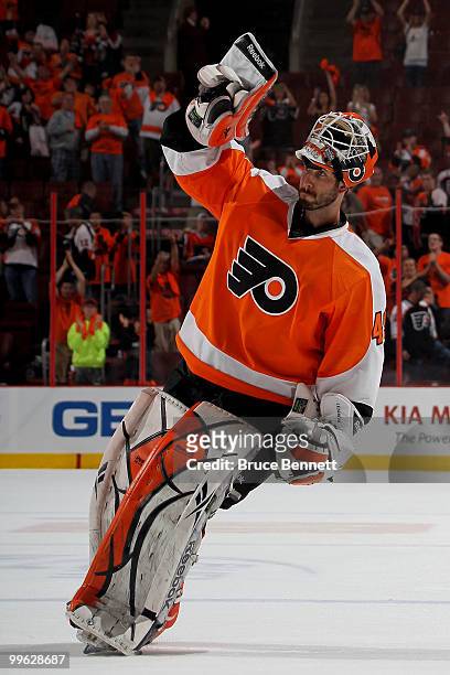 Michael Leighton of the Philadelphia Flyers celebrates after defeating the Montreal Canadiens by a score of 6-0 to win Game 1 of the Eastern...