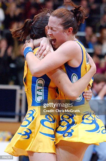 Liz Ellis and Alison Broadbent celebrate victory in the Commonwealth Bank Trophy Netball Grand final between the Sydney Swifts and the Adelaide...