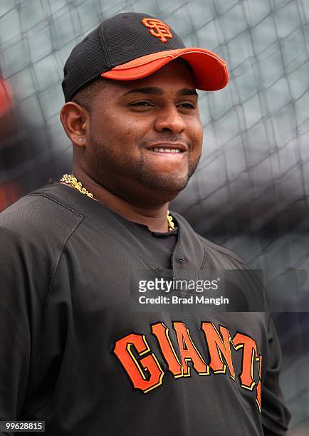 Pablo Sandoval of the San Francisco Giants takes batting practice before the game against the Houston Astros at AT&T Park on May 16, 2010 in San...