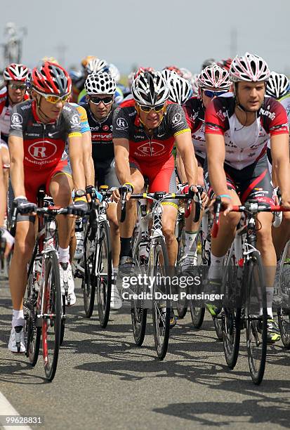 Lance Armstrong of the USA and riding for Team Radio Shack rides near the front of the peloton during Stage One of the 2010 Tour of California from...