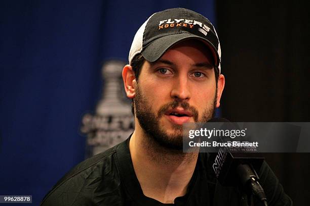 Goalie Michael Leighton of the Philadelphia Flyers talks to the media after defeating the Montreal Canadiens to win Game 1 of the Eastern Conference...