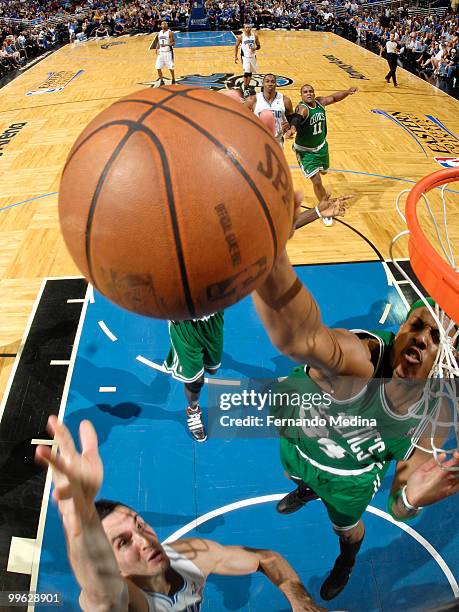 Paul Pierce of the Boston Celtics blocks a shot against JJ Redick of the Orlando Magic in Game One of the Eastern Conference Finals during the 2010...